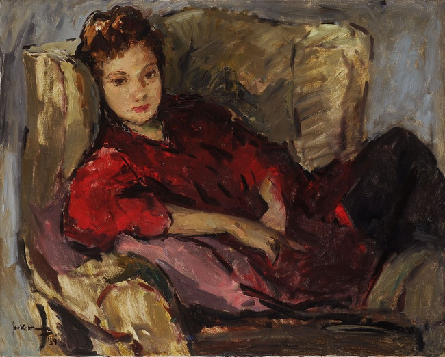Jan Korthals | Elegante dame op een sofa (de kunstenares Valentine Hobson)