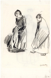 Two woman stolling in the rain (verso)
