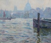 View on river Thems with the silhouette of Saint Pauls Cathedral, London, 1919