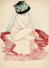 A sitting nude with red stockings and a hat