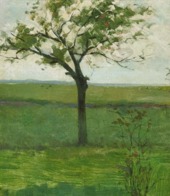 Polderlandschap met jonge boom in silhouet, circa 1901