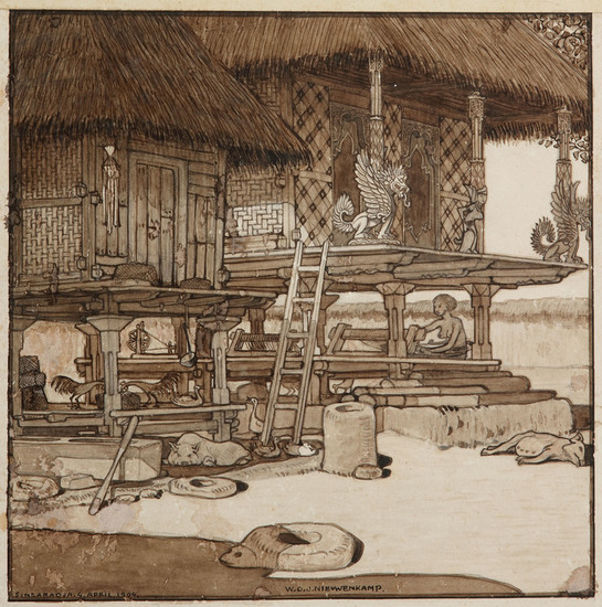 W.O.J Nieuwenkamp | Rijstschuren op het voorerf van een rijke Balier te Singaradja, 1904